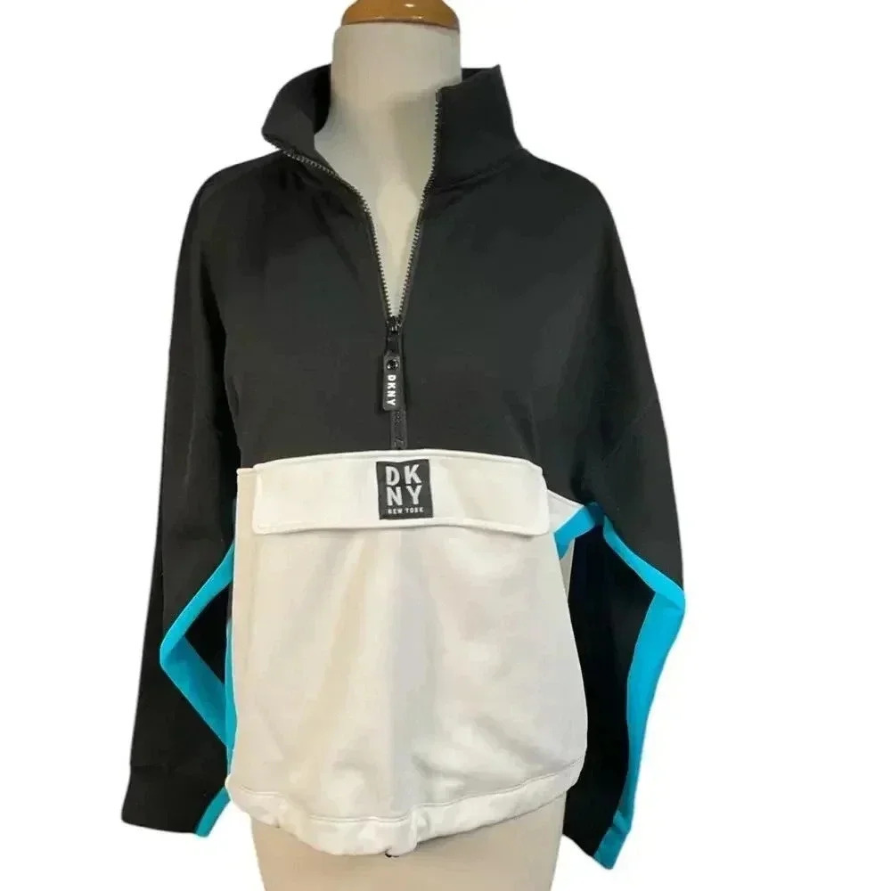 DKNY Women's Sport Black Color Block 1/2 Zip Pullover Activewear Sweatshirt SZ M